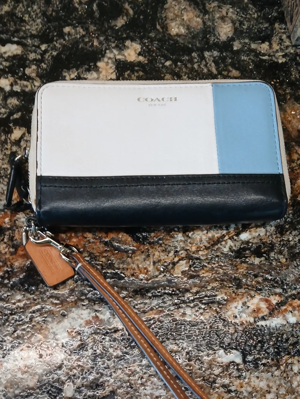 COACH Colorblock Zip Wristlet in White, Light Blue & Black